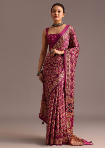 Purple Ajrakh Printed Saree With Mirror Border