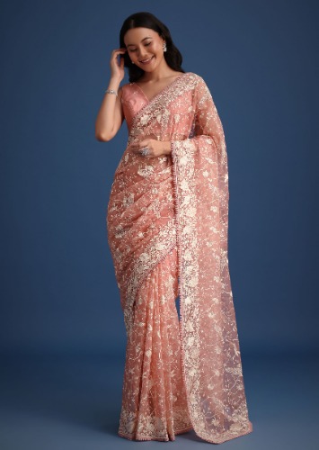 Pink Organza Saree With Resham Jaal Embroidery