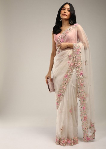 Powder White Saree In Organza With 3D Flower Embroidered Border And Buttis Featuring Multi Colored Moti And Sequins  