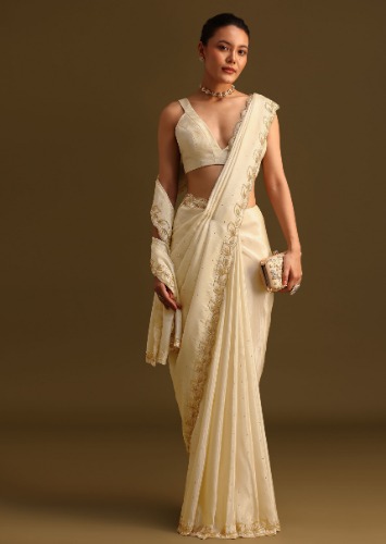 Ivory Tissue Saree With Cutdana Embroidered Border and Unstitched Blouse 