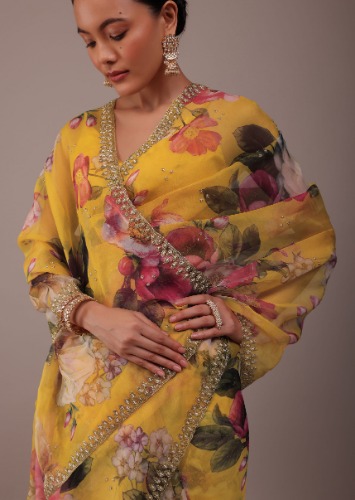 Honey Yellow Floral Printed Saree In Organza With Cut Dana Embroidery