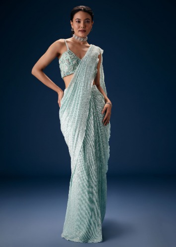 Sea Green Hand Embroidered Pre Stitched Saree