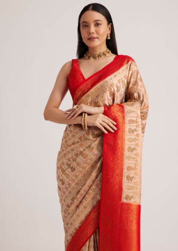 Off White Banarasi Silk Saree With Traditional Woven Contrast Border
