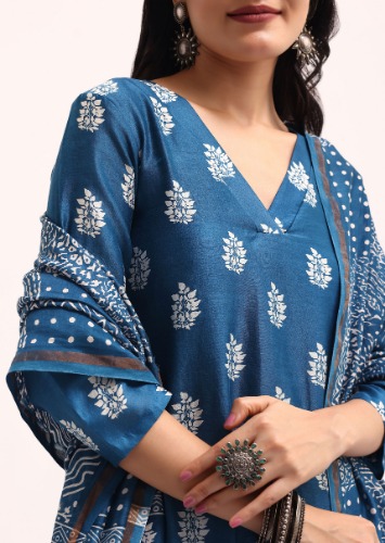 Blue Block Printed Chanderi Kurta Set With Dupatta