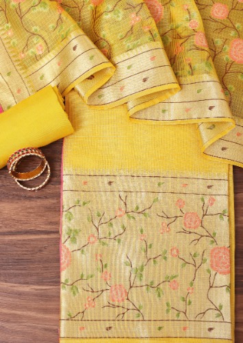 Yellow Paithani Woven Silk Dress Material