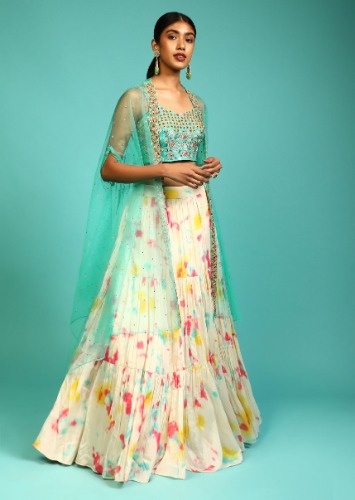 Cream Tie Dye Printed Skirt And Aqua Blue Crop Top Set With Mirror Abla Embroidery And Net Cape Jacket 