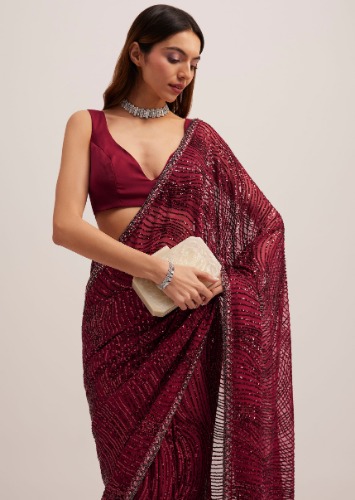 Mulberry Purple Sequins Saree With An Embellished Border