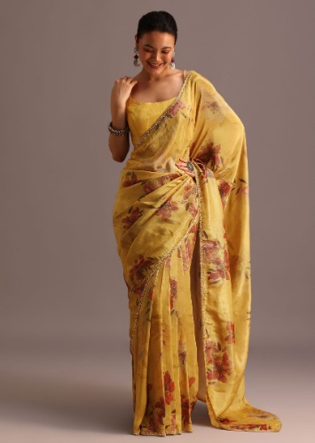 Green Tissue Silk Floral Leaf Printed Saree With Embroidered Border