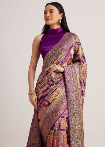 Purple Satin Silk Saree With Woven Work All Over