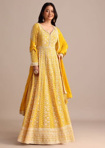 Yellow Georgette Anarkali Set With Lucknowi Work