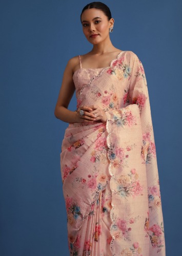 Peach Floral Printed Crushed Tissue Saree With Sequin And Mirror Work