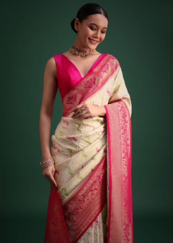 Off White And Pink Silk Saree With Traditional Paithani Motif Zari Woven Work