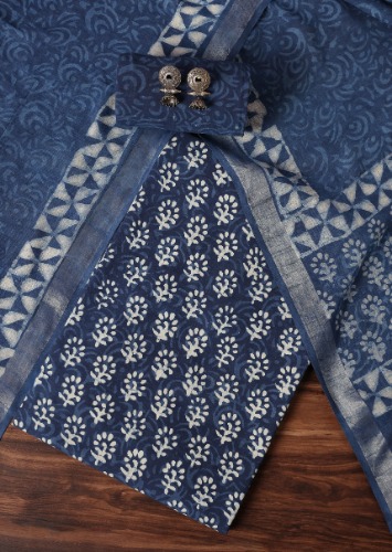 Blue Batik Hand Block Printed Dress Material