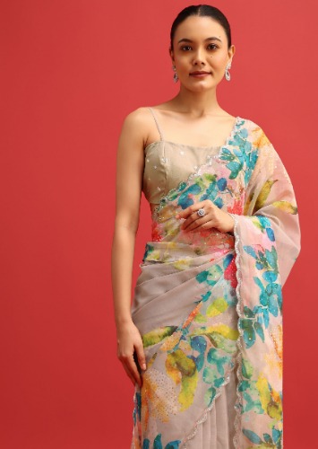 Grey Organza Floral Printed Saree In Sequin With Unstitched Blouse