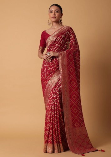 Red Banarasi Georgette Saree With Bandhani Weave And Unstitched Blouse Piece