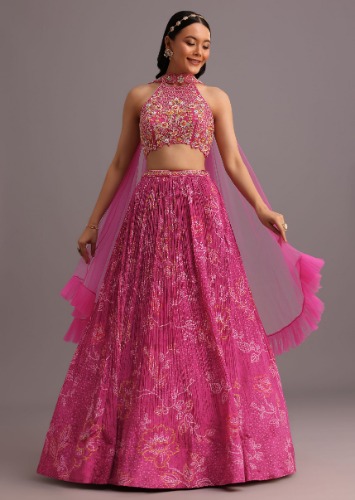 Pink Hand Embroidered Choli With Bandhani Print Lehenga And Choker Net Dupatta
