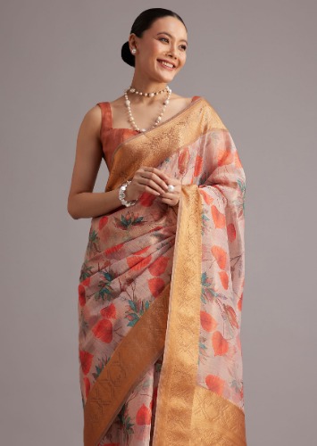 Onion Pink Tissue Silk Printed Saree With Zari Woven Contrast Border And Pallu