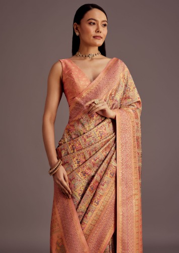 Pastel Orange Silk Saree With Woven Work