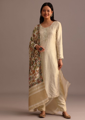 Beige Embroidered Kurti Pant Set With Kalamkari Printed Chanderi Dupatta