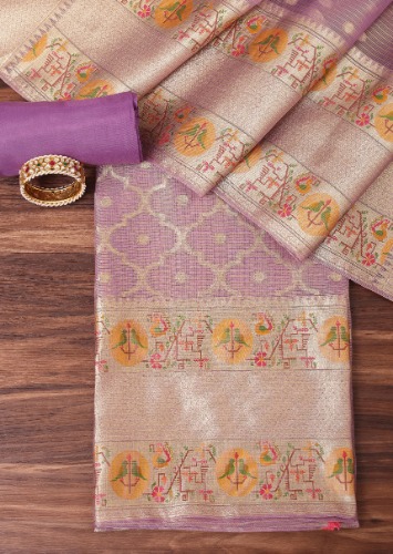 Purple And Gold Paithani Woven Silk Dress Material