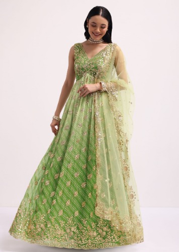Light Green Georgette Bandhani Printed Anarkali Set With Gotta Pati