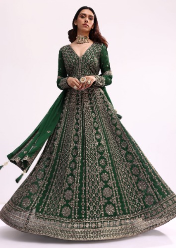 Bottle Green Anarkali Set With Zari Work