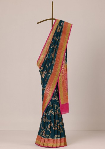 Teal Blue Chanderi Crushed Silk Georgette Saree