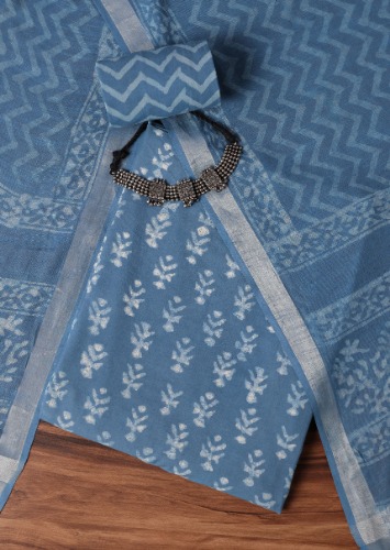 Blue Batik Hand Block Printed Cotton Dress Material