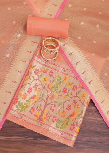 Peach Gold Paithani Woven Silk Dress Material