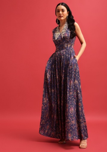 Purple Printed Jumpsuit With Embroidery