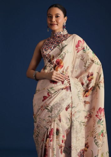 Off White Tissue Muslin Printed Saree With Pitta Work
