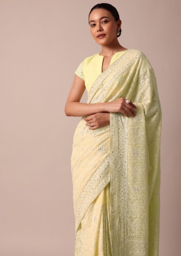 Yellow Lucknowi Chikankari Sequin Saree With Unstitched Blouse Piece