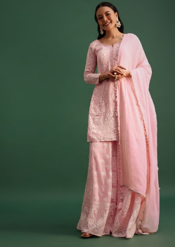 Baby Pink Georgette Kurta Palazzo Set With Lucknowi Work