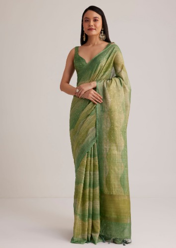 Green Tissue Silk Handloom Dual Shaded Saree With Small Zari Butti Work