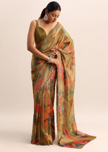 Gold Printed Tissue Saree With Embroidered Border And Unstitched Blouse