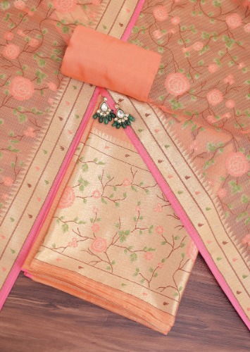 Gold And Peach Paithani Woven Silk Dress Material