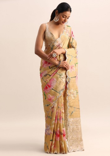 Gold Floral Printed Tissue Saree With Moti Work Border And Unstitched Blouse