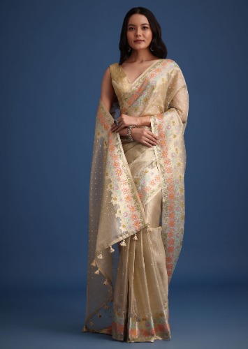Gold Tissue Silk Saree With Resham Thread Floral Embroidered Border