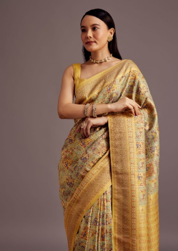 Ochre Yellow Silk Saree With Woven Work