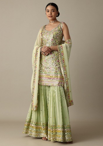 Green Sharara Set With Exquisite Mirror Work