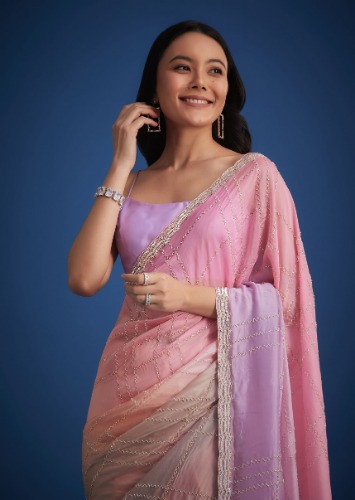 Pink Shaded Soft Tissue Embroidered With Cudtana And Sequin Work
