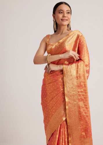 Orange Silk Saree With Golden Zari And Butti Work