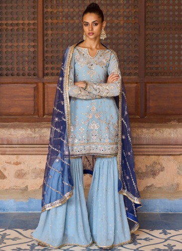 Dusty Blue Georgette Gharara Suit | Default Title