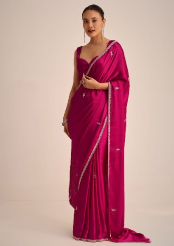 Wine Satin Saree With Thread And Stone Embroidered Border And Unstitched Blouse