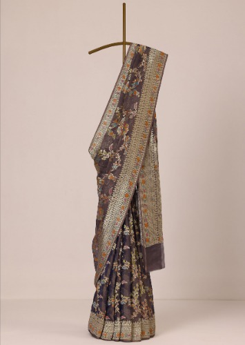 Purple Zari Saree In Crushed Silk Georgette