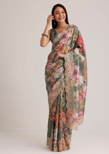 Forest Green Tissue Muslin Printed Saree With Pitta Work Border