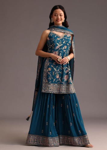 Blue Thread Work Sharara Suit With Dupatta