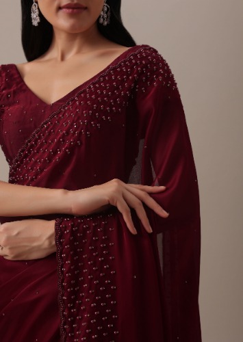 Red Bead Embellished Saree In Satin