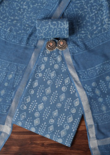 Light Blue Batik Hand Block Printed Dress Material