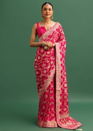 Pink Khaddi Georgette Saree With Zari Jaal Bandhani Weave And Unstitched Blouse